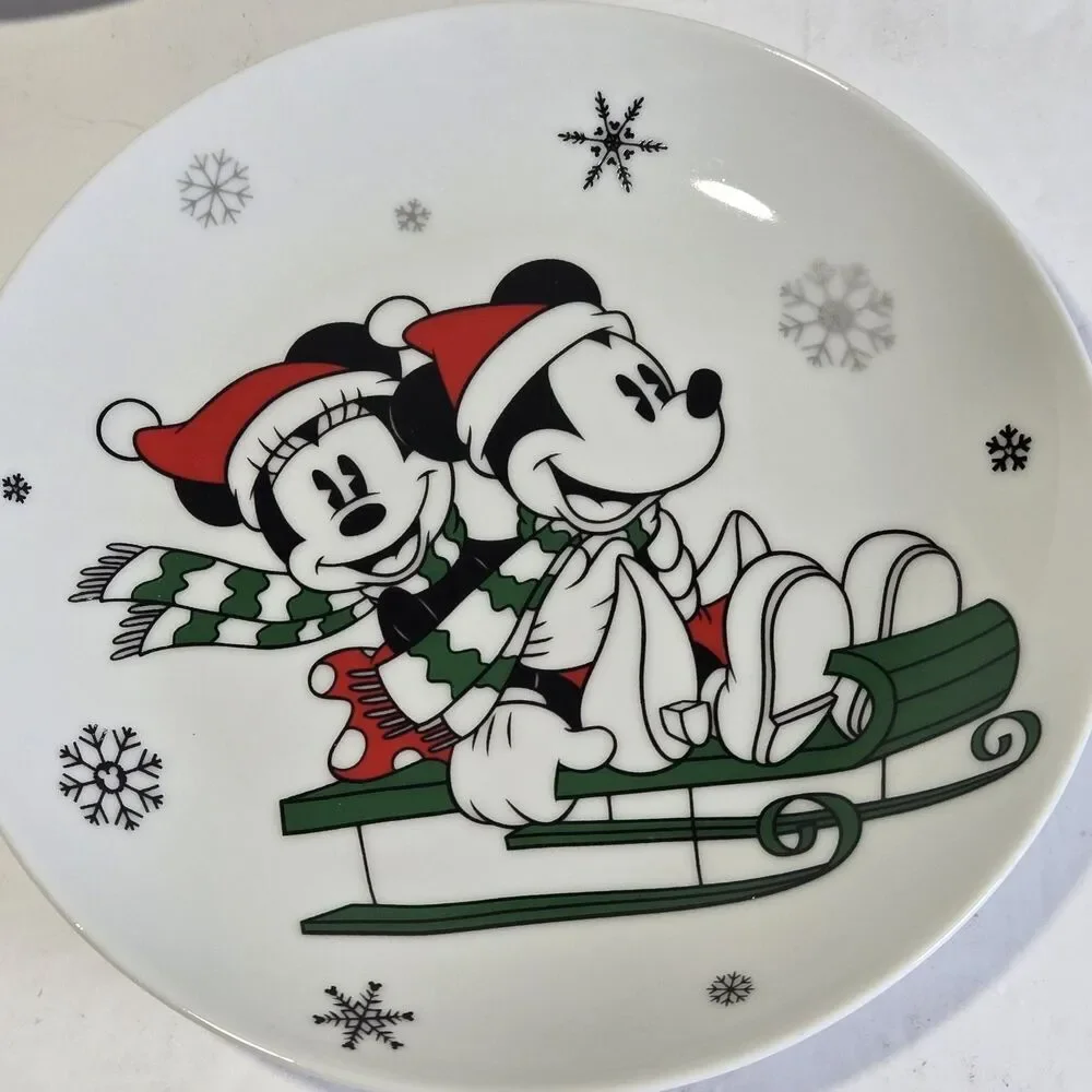 Disney Mickey Christmas Plates Set of 3 Snowman Wreath Sled Ceramic ~8